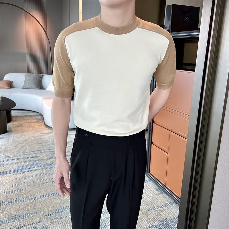 Korean-Style Summer Short-Sleeved Men'S Casual Breathable T-Shirt Color-Block Elegant Half-Sleeve Round Neck Lightweight Trendy Knitted Base Shirt - Image 3