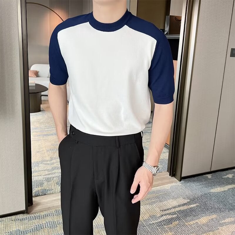 Korean-Style Summer Short-Sleeved Men'S Casual Breathable T-Shirt Color-Block Elegant Half-Sleeve Round Neck Lightweight Trendy Knitted Base Shirt - Image 2