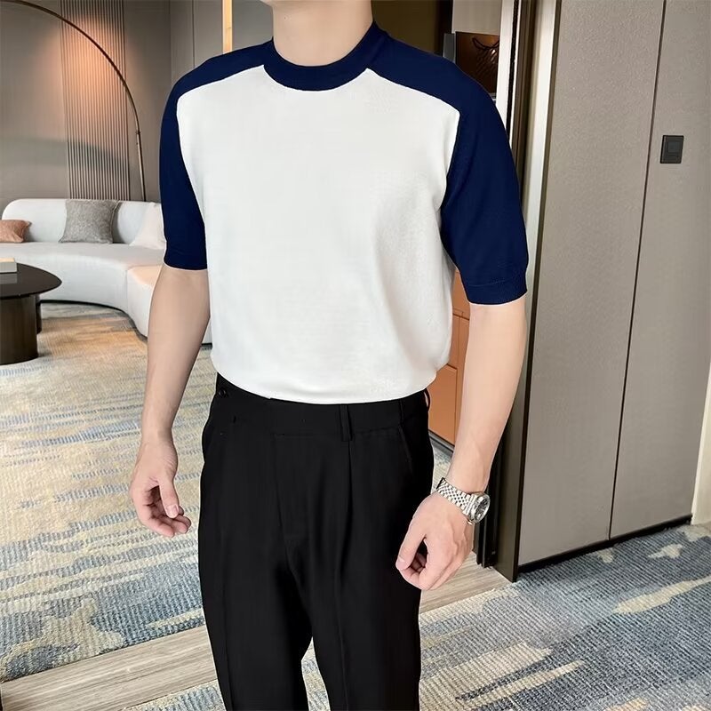 Korean-Style Summer Short-Sleeved Men'S Casual Breathable T-Shirt Color-Block Elegant Half-Sleeve Round Neck Lightweight Trendy Knitted Base Shirt - Image 5