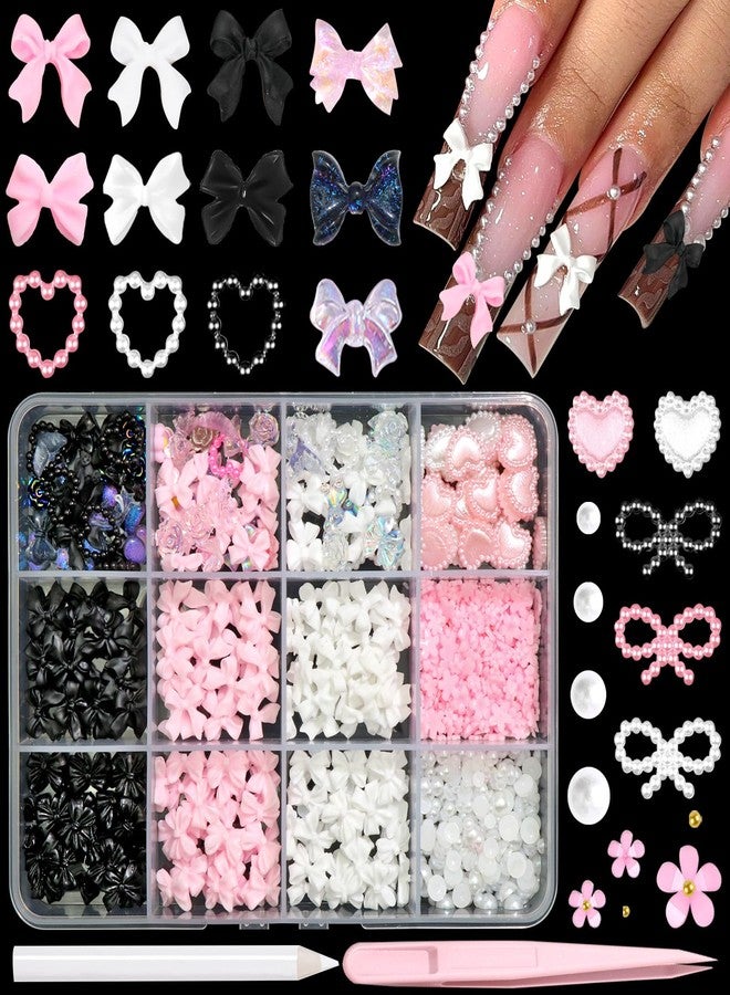 BELICEY 600PCS 3D Nail Charms and Flatback Pearls 3 Colors Bows Nail Art Charms Flower Heart Shaped Charms for Nails Cute Kawaii Pretty Nail Beads Charm for Manicure DIY Crafts Jewelry Accessories - Image 1