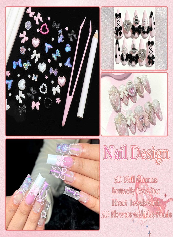 BELICEY 600PCS 3D Nail Charms and Flatback Pearls 3 Colors Bows Nail Art Charms Flower Heart Shaped Charms for Nails Cute Kawaii Pretty Nail Beads Charm for Manicure DIY Crafts Jewelry Accessories - Image 5