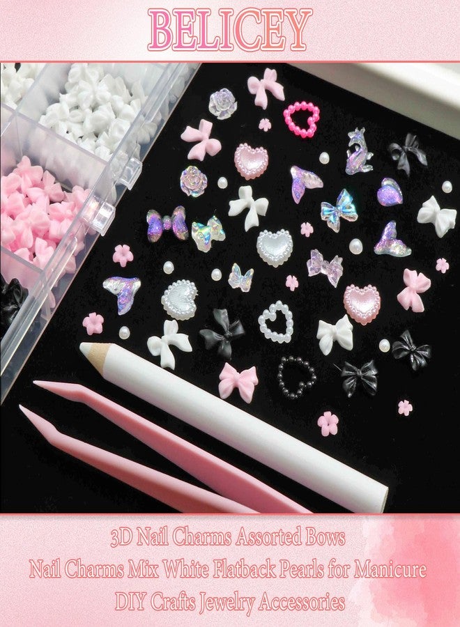 BELICEY 600PCS 3D Nail Charms and Flatback Pearls 3 Colors Bows Nail Art Charms Flower Heart Shaped Charms for Nails Cute Kawaii Pretty Nail Beads Charm for Manicure DIY Crafts Jewelry Accessories - Image 3