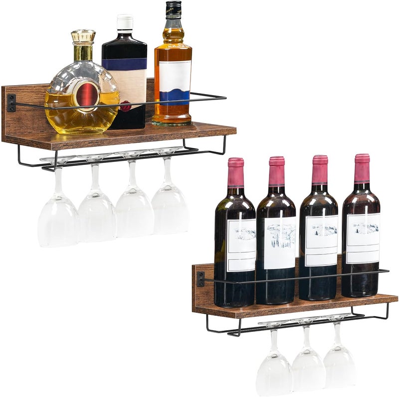 HOOBRO Longevity optimized build Wall Mounted Wine Rack 2 Pack, Wine Shelf Hanging Floating Wall Shelves, Wine Glass Bottle Rack Stemware Holder, for Living Room, Dining Room, Kitchen, Rustic Brown and Black BF28BJ01 Riyadh Jeddah Dammam ship - Image 2