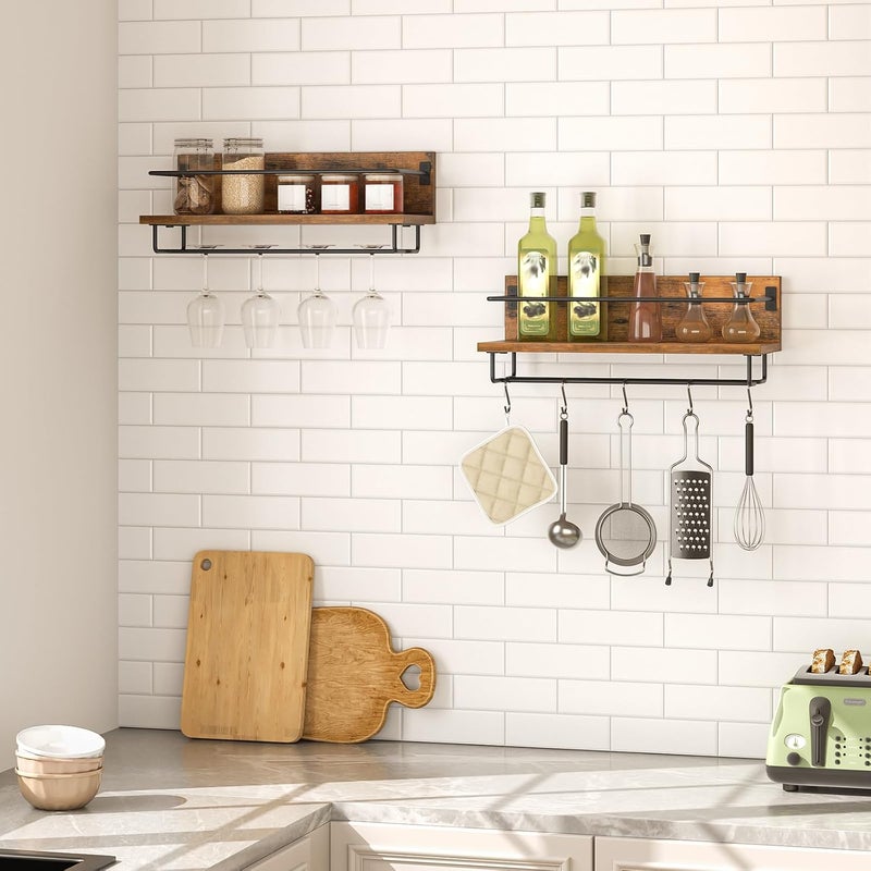 HOOBRO Longevity optimized build Wall Mounted Wine Rack 2 Pack, Wine Shelf Hanging Floating Wall Shelves, Wine Glass Bottle Rack Stemware Holder, for Living Room, Dining Room, Kitchen, Rustic Brown and Black BF28BJ01 Riyadh Jeddah Dammam ship - Image 3