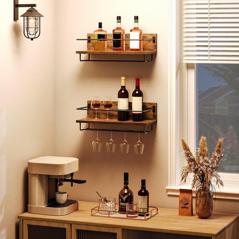 HOOBRO Longevity optimized build Wall Mounted Wine Rack 2 Pack, Wine Shelf Hanging Floating Wall Shelves, Wine Glass Bottle Rack Stemware Holder, for Living Room, Dining Room, Kitchen, Rustic Brown and Black BF28BJ01 Riyadh Jeddah Dammam ship - Image 1