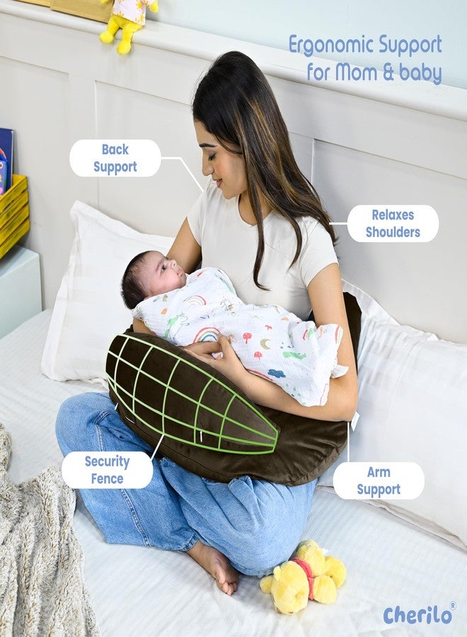 Cherilo Nursing Pillow for Breastfeeding, Plus Size Breast Feeding Pillow with Security Fence Design for Extra Baby Support, Adjustable Belt Strap | Removable Premium Velvet Cover | Brown - Image 3