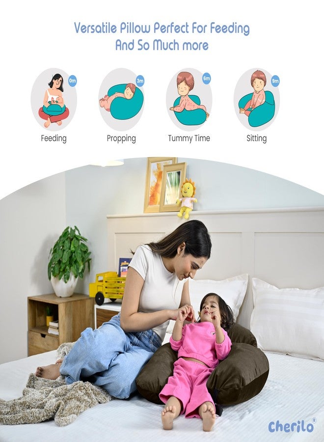 Cherilo Nursing Pillow for Breastfeeding, Plus Size Breast Feeding Pillow with Security Fence Design for Extra Baby Support, Adjustable Belt Strap | Removable Premium Velvet Cover | Brown - Image 5