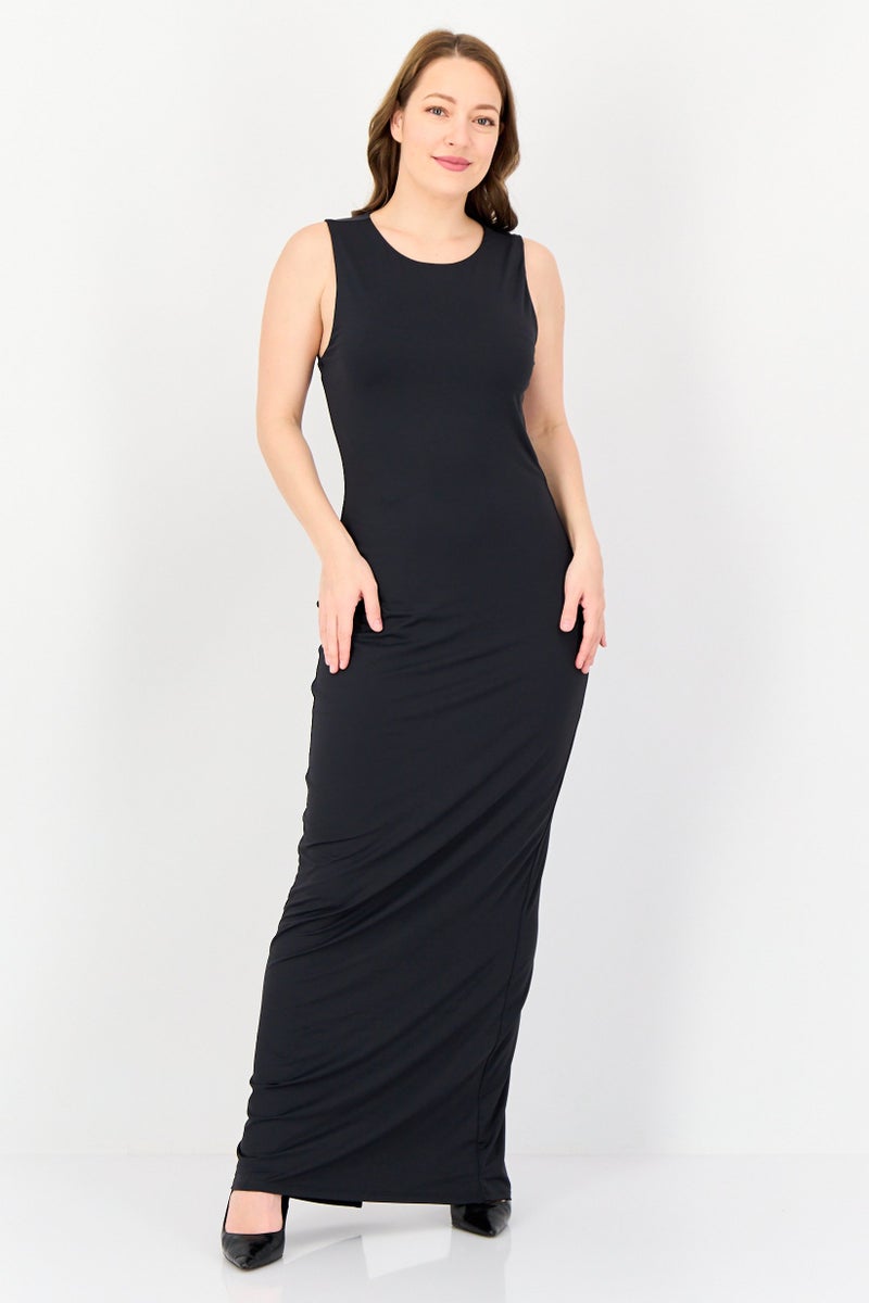 bebe فستان ماكسي نسائي سادة، أسود - Image 1