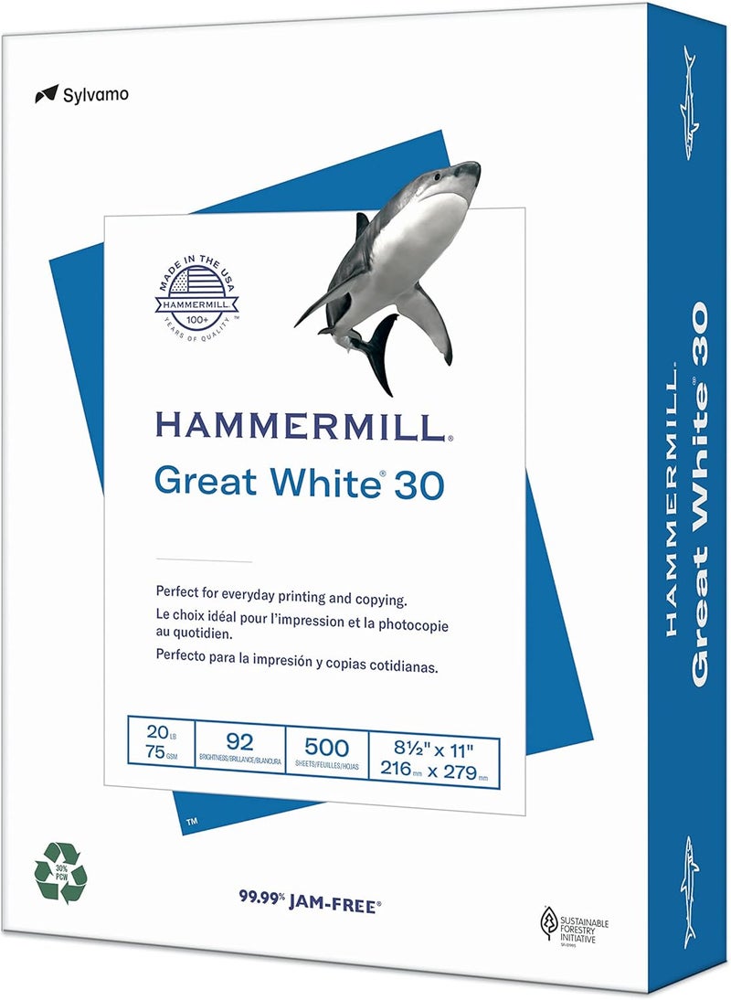 Hammermill Printer Paper, Great White 30% Recycled Paper, 8.5 x 11-1 Ream (500 Sheets) - 92 Bright, Made in the USA, 086710 - Image 1