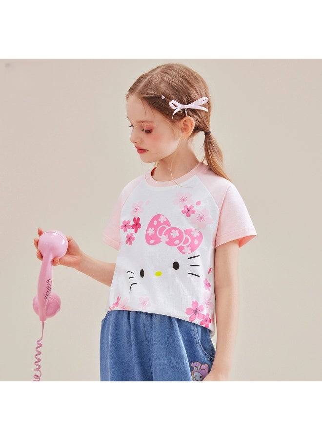 هالو كيتي الفتيات الصيف مرحبا كيتي تي شيرت جديد الكرتون الطباعة 100% القطن قصيرة الأكمام تي شيرت - Image 3