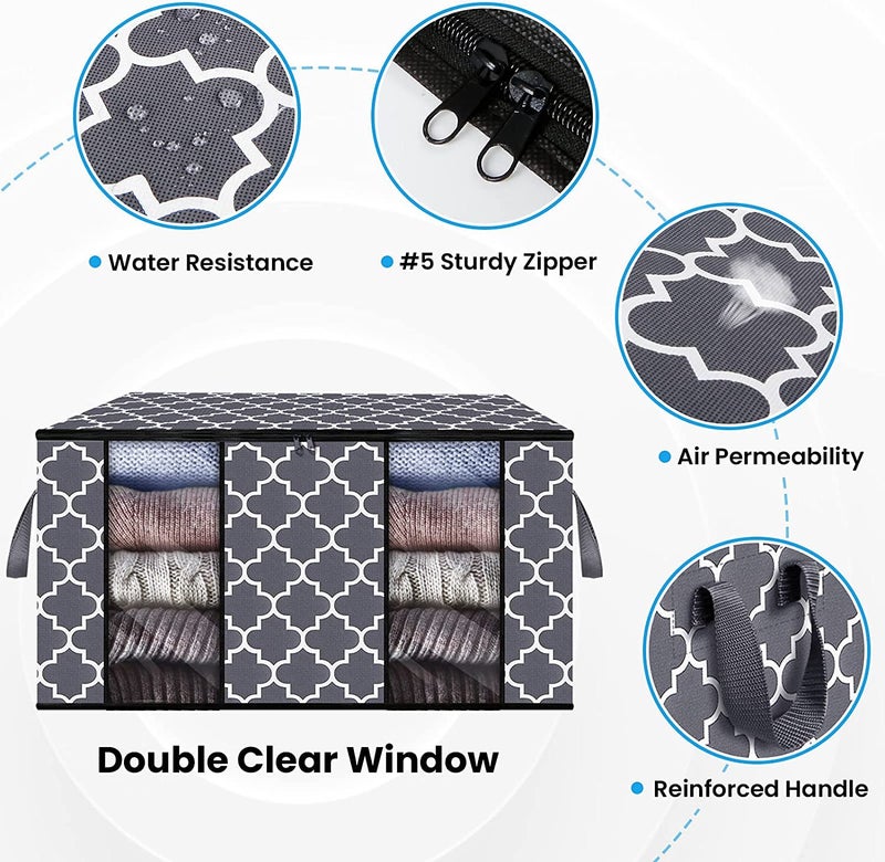 KIKA HOMS Moroccan Print Clothes Storage Bag Organizer [3 Pack/100L], Large Capacity Organization for Comforter, Blanket, Bedding, Grey, 25.2" x 17.7" x 14.2" - Image 3