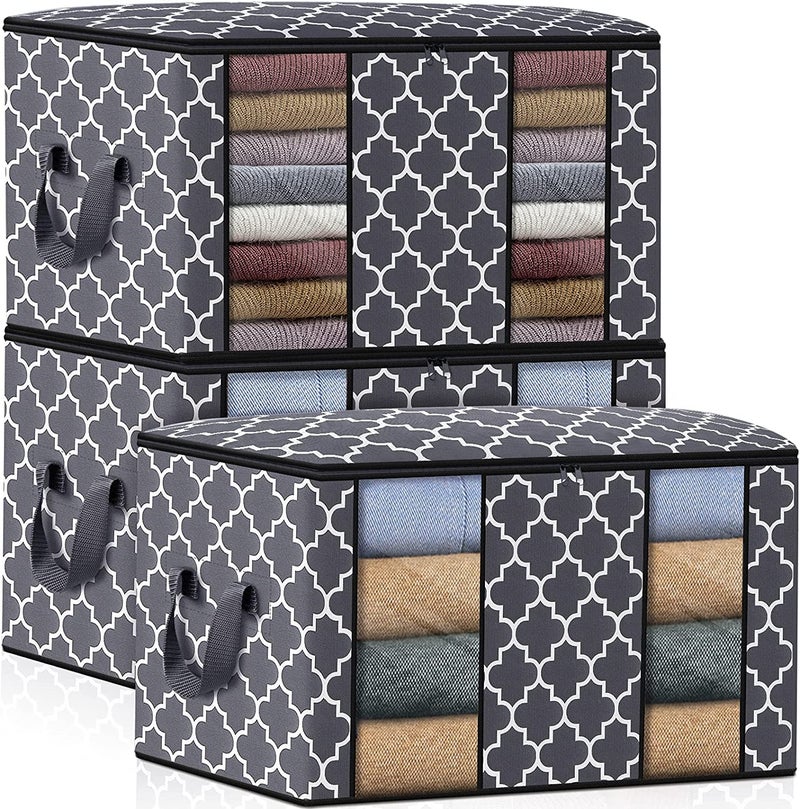 KIKA HOMS Moroccan Print Clothes Storage Bag Organizer [3 Pack/100L], Large Capacity Organization for Comforter, Blanket, Bedding, Grey, 25.2" x 17.7" x 14.2" - Image 1