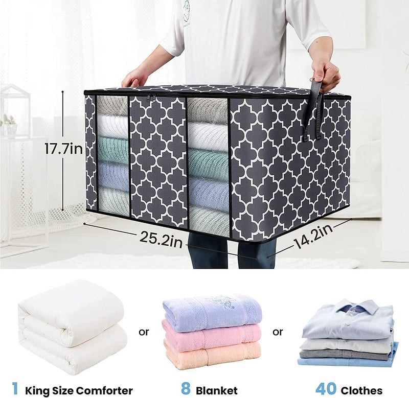 KIKA HOMS Moroccan Print Clothes Storage Bag Organizer [3 Pack/100L], Large Capacity Organization for Comforter, Blanket, Bedding, Grey, 25.2" x 17.7" x 14.2" - Image 2