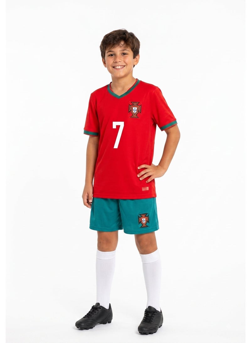 Portugal Football Team Kids Jersey Set – Boys Number 7 Style T-Shirt & Shorts Kit, Breathable Sports Outfit