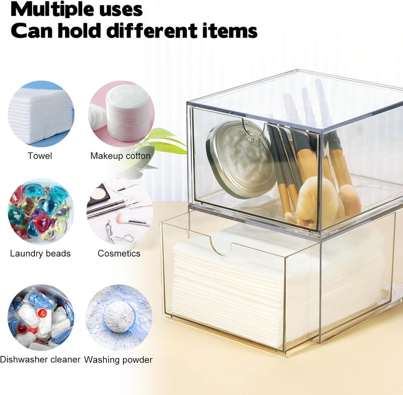 Rainmae 2 Pack Disposable Face Towel Holder, Face Towel Storage Box, Stackable Clear Makeup Organizer with Drawer for Clean Skin Club Face XL Towels Holder for Vanity Bathroom and Makeup Organization - Image 4