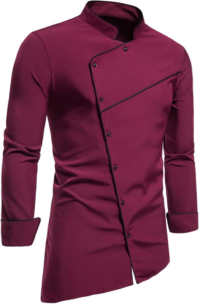 cheekyglo Men Stand Collar Button Down Long Sleeve Shirt Solid Slim Fit Dress Shirt Casual Business Formal Shirt Irregular Hem - Image 1