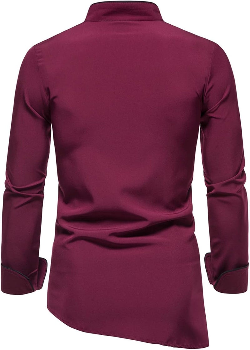 cheekyglo Men Stand Collar Button Down Long Sleeve Shirt Solid Slim Fit Dress Shirt Casual Business Formal Shirt Irregular Hem - Image 2