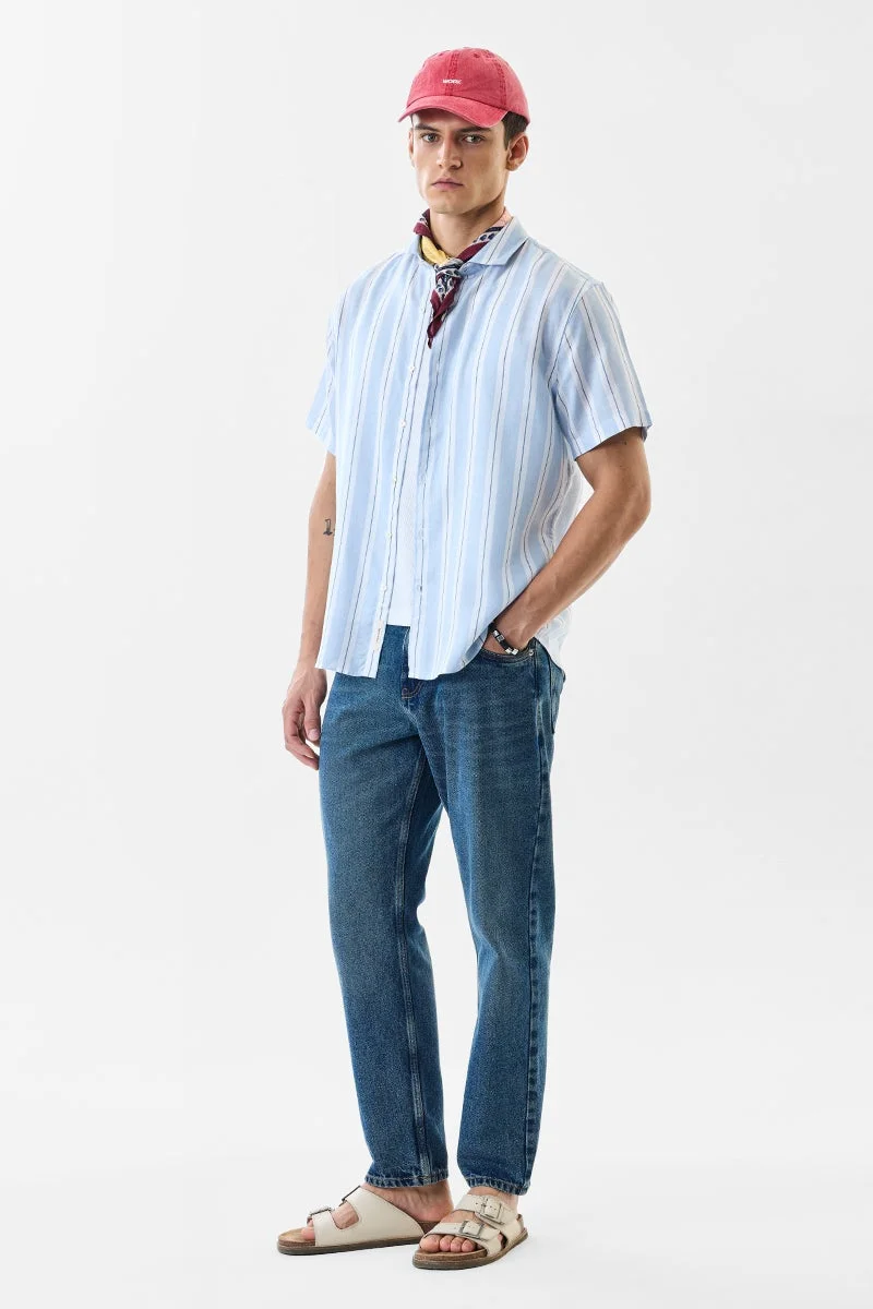 سنيتش Light Blue Striped Half Sleeve Regular Fit Shirt