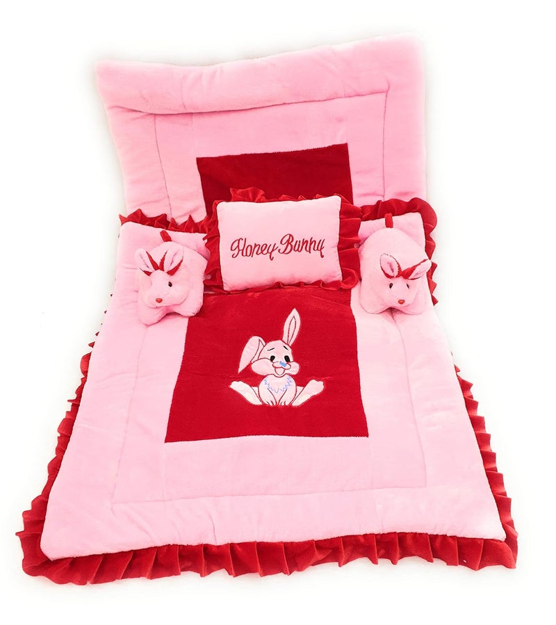PINKS & BLUES Full Sleeping 5 Piece Baby Bedding Set with 2 Rabbit Shape Side Pillows (0-42MONTHS) (Pink RED) - Image 4