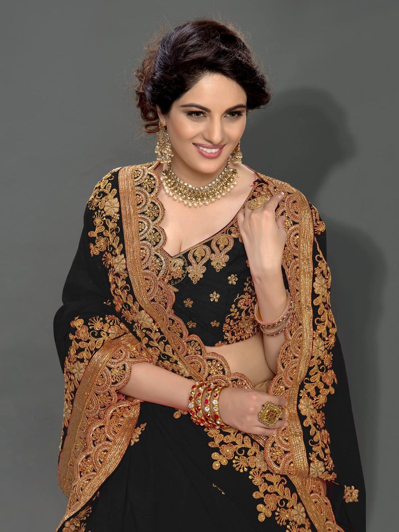 Trendmalls Women's Silk Heavy Embroidery Work Saree (Black) - Image 4