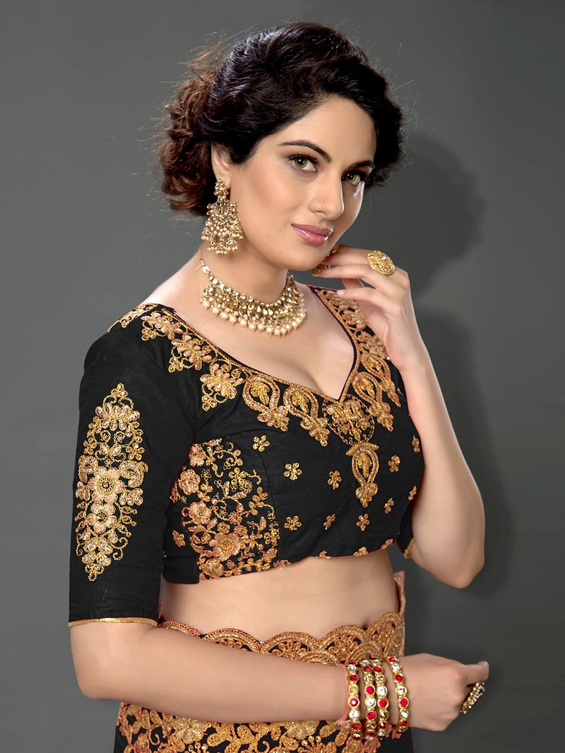 Trendmalls Women's Silk Heavy Embroidery Work Saree (Black) - Image 5