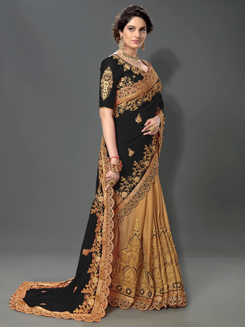 Trendmalls Women's Silk Heavy Embroidery Work Saree (Black) - Image 3