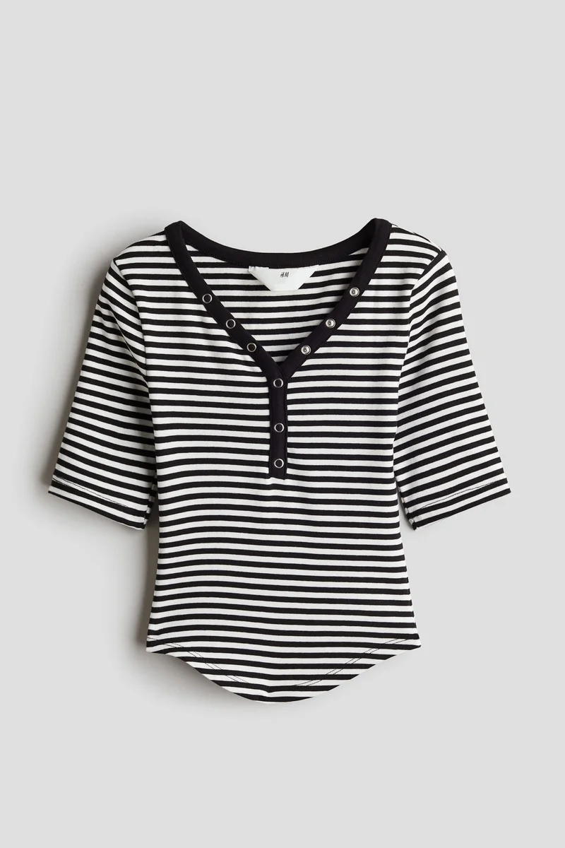 H&M Decorative-Placket Ribbed Top