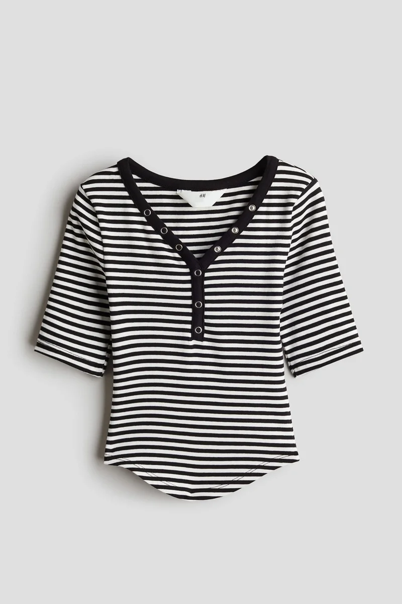 H&M Decorative-Placket Ribbed Top