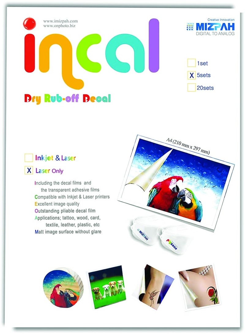 Incal [Incal] Dry Rub-off Decal Film for Laser Printer,5 Sets,A4(8.27x11.7in)-Premium Printable Dry Rub on Transfer; DIY Hobby craft,Customized transfer - Image 1