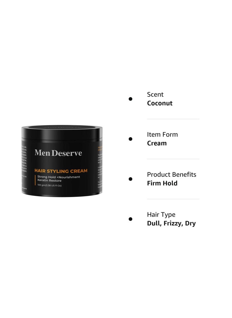 MEN DESERVE - Men Deserve Hair Styling Cream 100g Provides Strong Hold And Nourishment Paraben Sulphate Free Non Greasy Hair Cream For Men With Coconut Oil Keratin Hair Cream For Dry And Frizzy Hair - Image 1