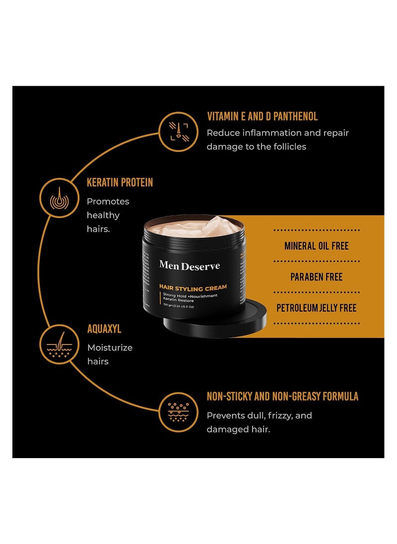 MEN DESERVE - Men Deserve Hair Styling Cream 100g Provides Strong Hold And Nourishment Paraben Sulphate Free Non Greasy Hair Cream For Men With Coconut Oil Keratin Hair Cream For Dry And Frizzy Hair - Image 1