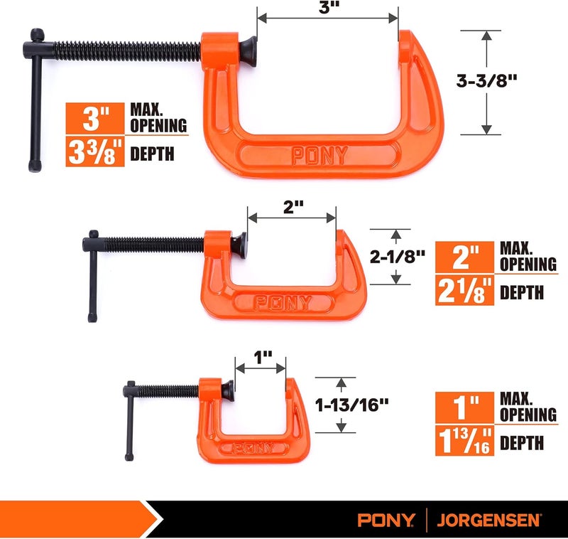 Pony Malleable Iron C-Clamp Set, 3-Piece, (1", 2", 3") - Image 2