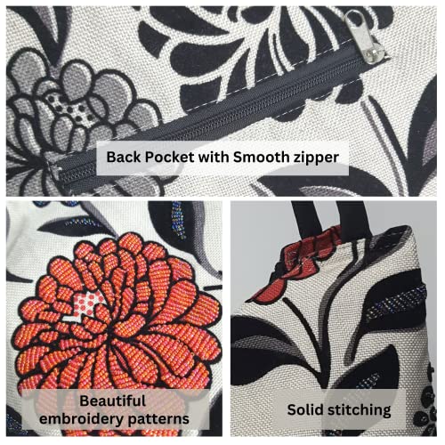 HCRAFT Embroidered Women's Handbag with Flowers, Beads & Zipper - Mother's Day Shoulder Bag, 13.8x6.3x14.5 Fabric Hobo with Inner Pocket - Image 4