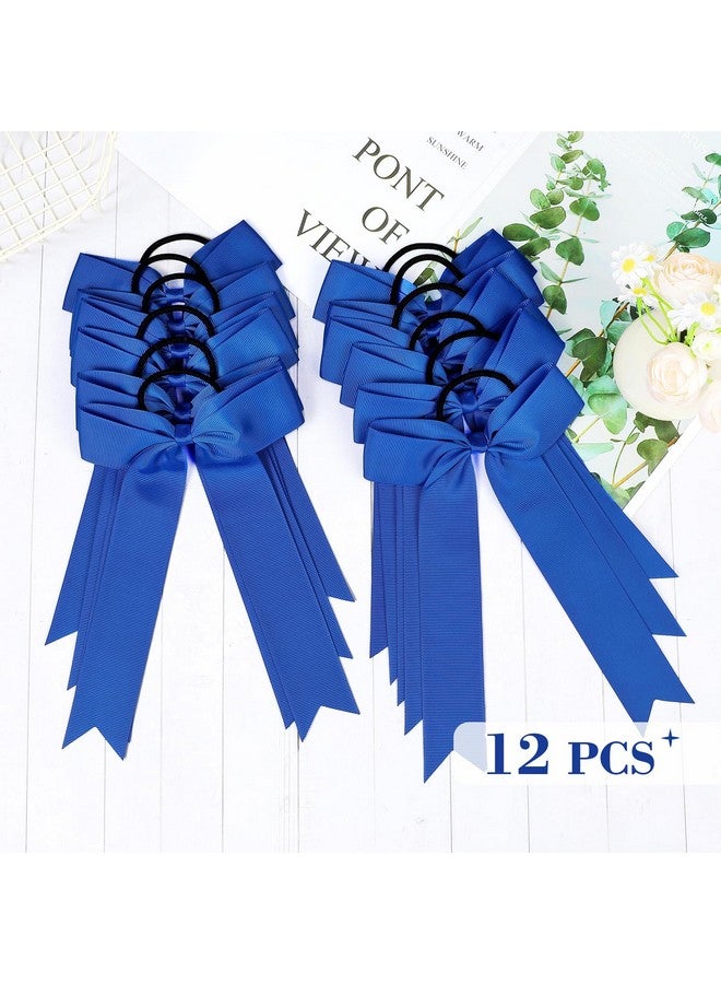 DEEKA 12 PCS Collegiate Style Long Tail Skinny Ponytail Holder Handmade Bows for Girls Teens Softball Cheerleader Sports - Royal Blue - Image 4