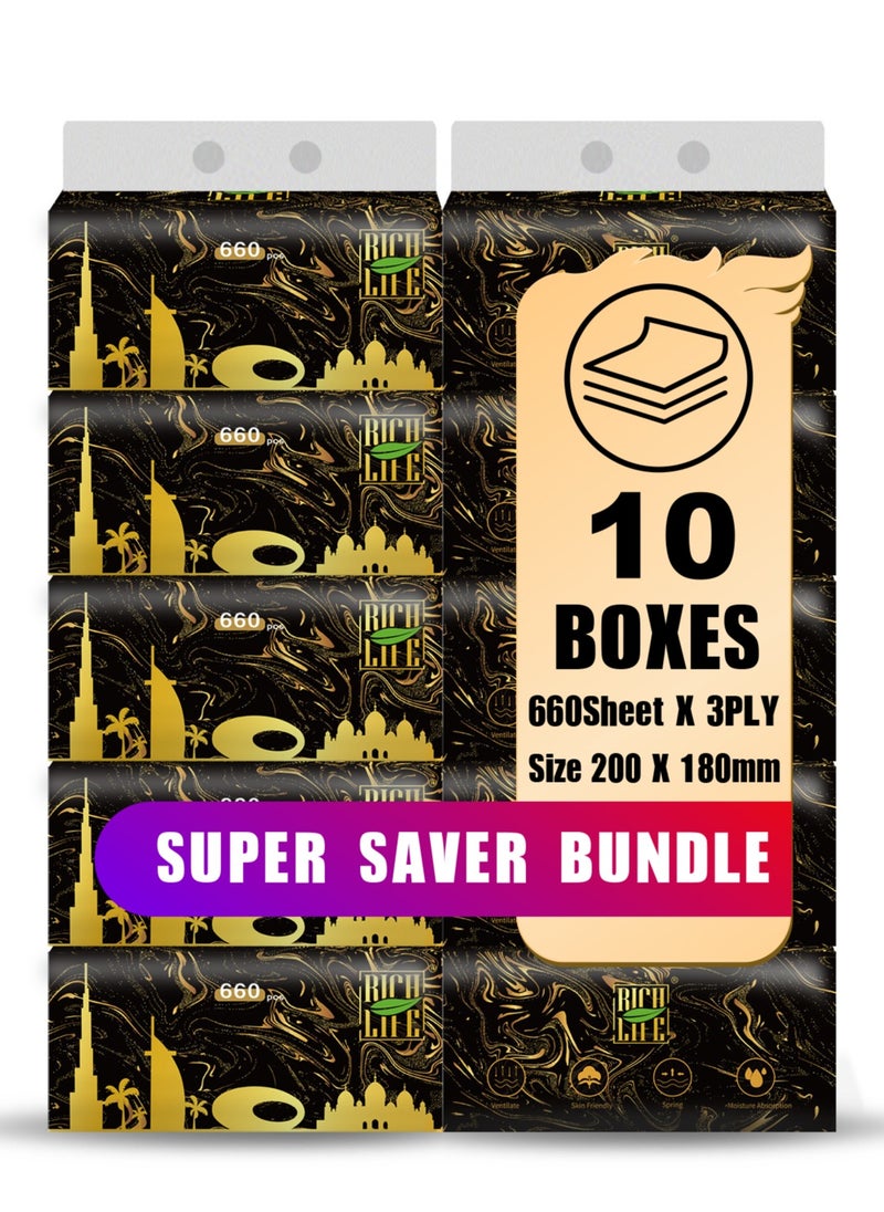 Rich Life Facial Tissue - Premium Quality 3-Ply - 660 Sheets | 10 Value Packs | Soft, Durable & Moisture Proof | 100% Raw Wood Pulp - Ideal for Wet & Dry | Available in 5 to 100 Packs  - Image 1