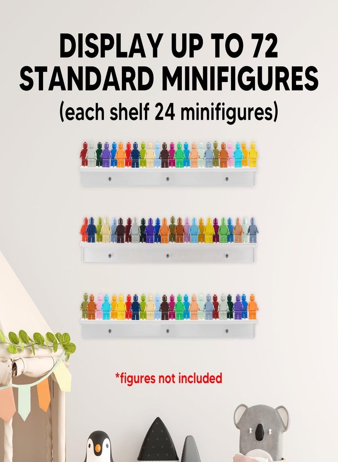 Tapeera 3-Pack Minifigure Display Shelves Compatible with LEGO, Acrylic Floating Shelf with Baseplate Studs, Building Bricks Wall Mount Organizer for Kids Room (White, Floating Shelves) - Image 2