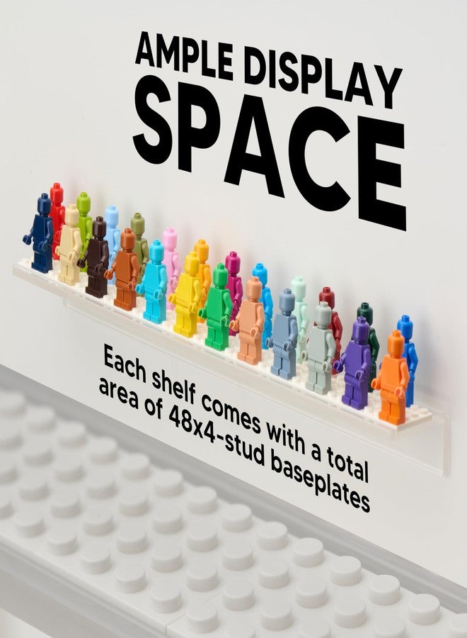 Tapeera 3-Pack Minifigure Display Shelves Compatible with LEGO, Acrylic Floating Shelf with Baseplate Studs, Building Bricks Wall Mount Organizer for Kids Room (White, Floating Shelves) - Image 3