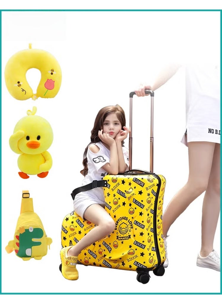 HOOKOR 4PCS Kids Luggage Set, 22 Inch Children Travel Suitcase, Cartoon Rolling Luggages, Child Trolley Bag with Satchel Bag, U-Shaped Pillow, Plush Toy, Wheels and Telescopic Handle for Toddlers Boys Girls - Image 1