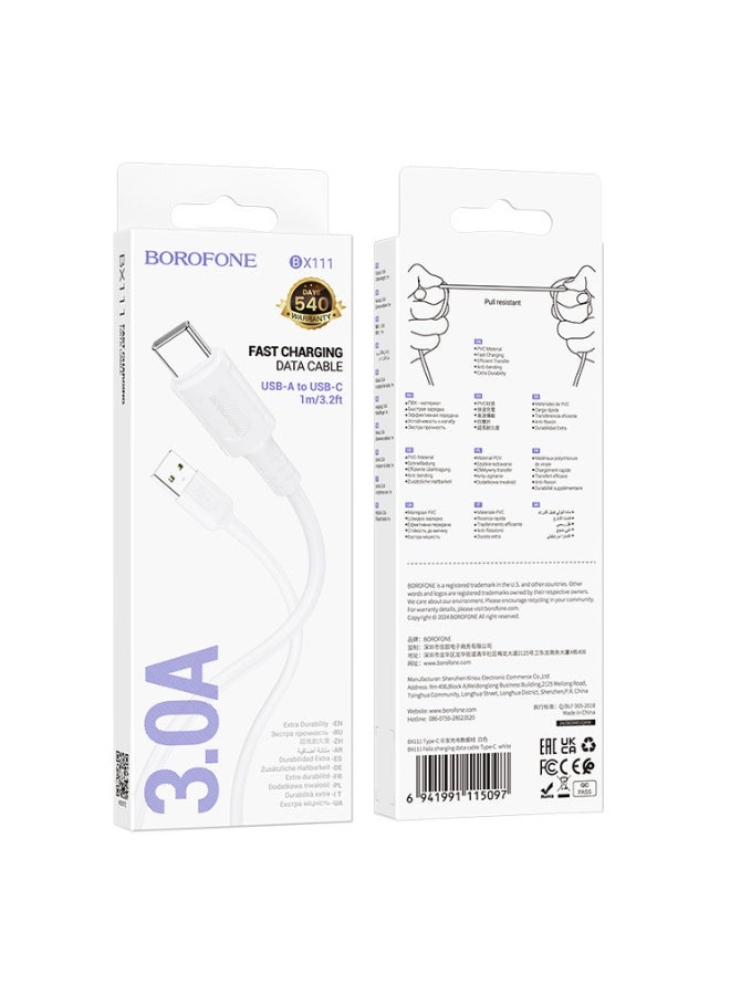 بوروفون Borofone Cable BX111 Feliz - USB to Type C - 3A 1 metre white - Image 4
