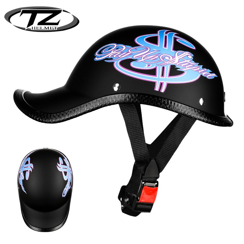 Generic Summer Breathable Mens Moped Helmet Retro Motorcycle Cruiser Half Cap Blue US Dollar Positive and Reverse 2 Tape 