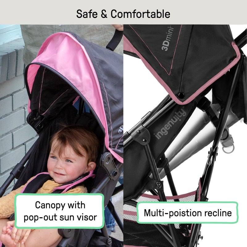 Ingenuity 3D Mini Convenience Stroller â€“ Lightweight Stroller with Compact Fold, Multi-Position Recline, Canopy with Pop Out Sun Visor and More â€“ Umbrella Stroller for Travel, Pink - Image 4