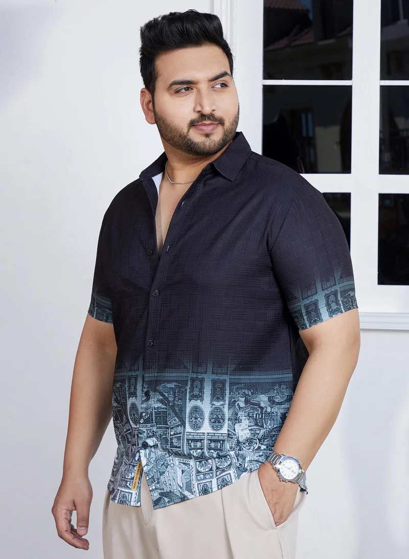 Instafab Plus  Men's Prussian Blue Folk Ombre-Tactile Shirt For Casual Wear | Spread Collar | Short Regular Sleeves | Button Closure | Plus Size Shirt Crafted With Comfort Fit For Everyday Wear for Men | Best Price UAE