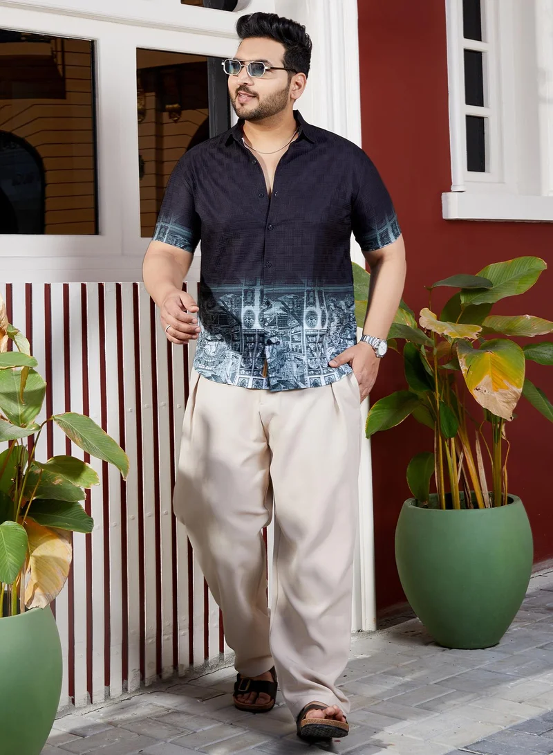 Instafab Plus  Men's Prussian Blue Folk Ombre-Tactile Shirt For Casual Wear | Spread Collar | Short Regular Sleeves | Button Closure | Plus Size Shirt Crafted With Comfort Fit For Everyday Wear for Men | Best Price UAE
