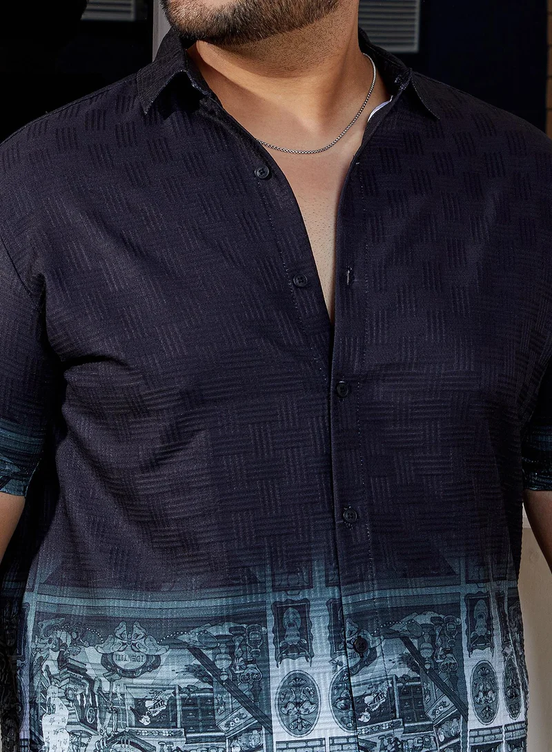 Instafab Plus  Men's Prussian Blue Folk Ombre-Tactile Shirt For Casual Wear | Spread Collar | Short Regular Sleeves | Button Closure | Plus Size Shirt Crafted With Comfort Fit For Everyday Wear for Men | Best Price UAE