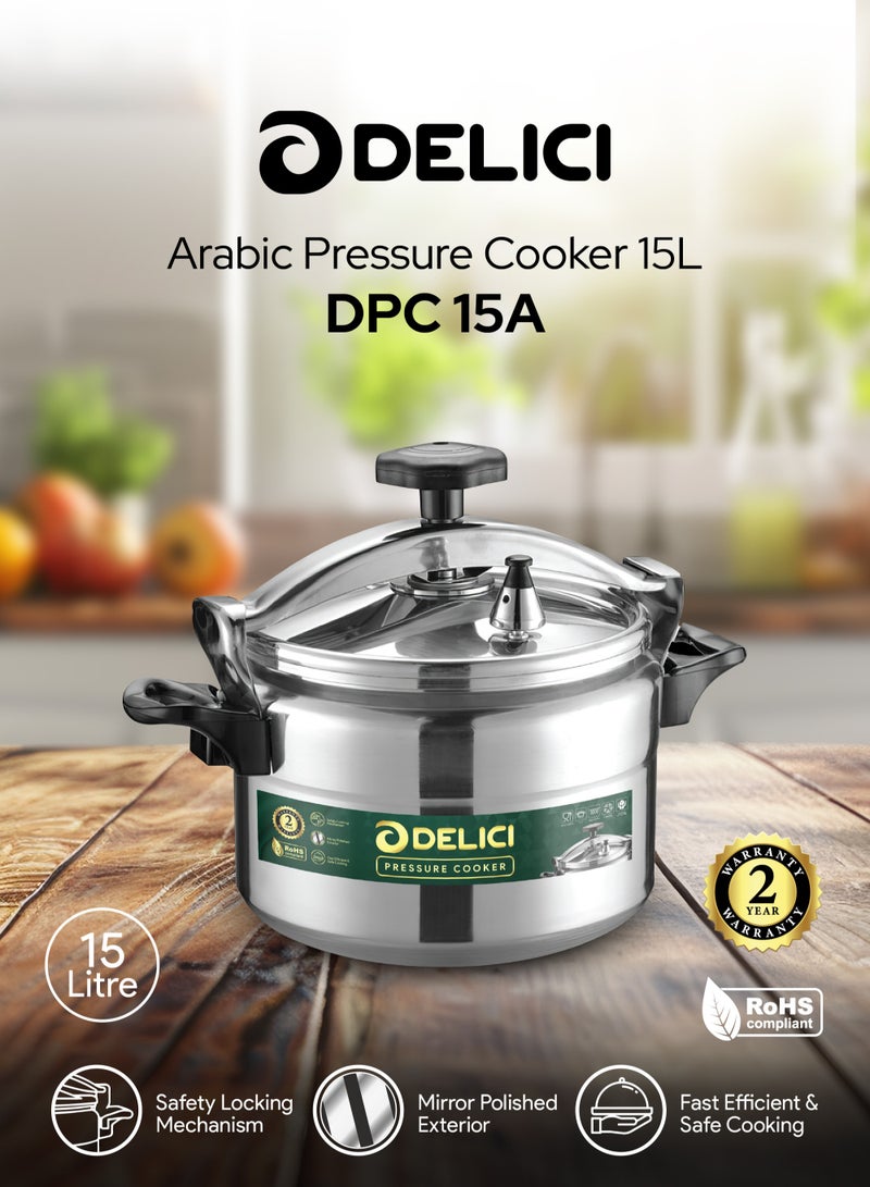 ديليتشي قدر ضغط عربي ألمنيوم سعة 15 لتر من Impex | سطح لامع مصقول | مقبض وغطاء من الباكلايت | قفل أمان | توزيع حرارة قوي | حلقة مطاطية طويلة العمر | DPC 15A - Image 2