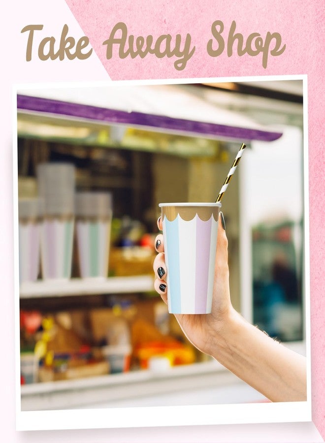 Confettiville Disposable Paper Coffee Cups, Bulk 100-Pack 8-oz, Pastel Stripes with Scalloped Gold Foil, Leak-Resistant, Hot and Cold Cups for Restaurants, Parties, and To-Go Use (No Lids) - Image 3