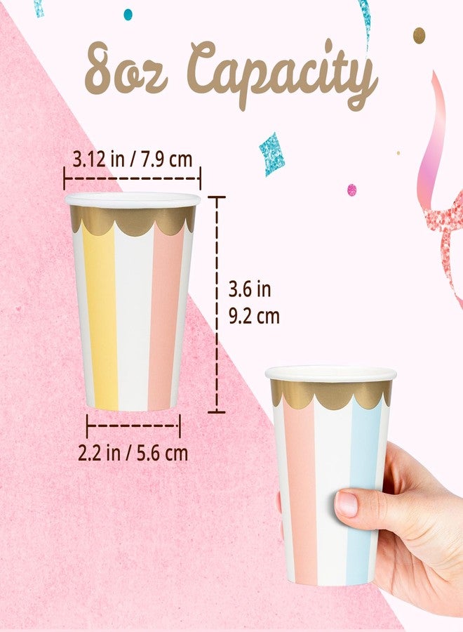 Confettiville Disposable Paper Coffee Cups, Bulk 100-Pack 8-oz, Pastel Stripes with Scalloped Gold Foil, Leak-Resistant, Hot and Cold Cups for Restaurants, Parties, and To-Go Use (No Lids) - Image 4