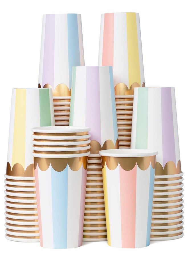 Confettiville Disposable Paper Coffee Cups, Bulk 100-Pack 8-oz, Pastel Stripes with Scalloped Gold Foil, Leak-Resistant, Hot and Cold Cups for Restaurants, Parties, and To-Go Use (No Lids) - Image 1