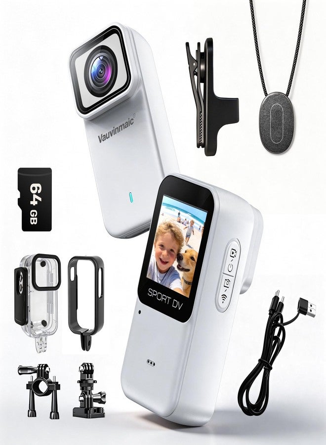 Vauvinmaic 4K Body Camera with WiFi, POV Action Cam for Motorcycling Skiing Cycling Vlogging Sports, Magnetic Wearable Thumb Camera for Hands-Free Recording, Waterproof Portable Video Recorder, 64GB Card, White - Image 1