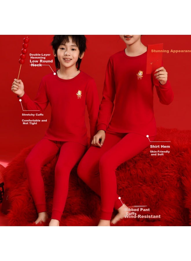 Hodo Children's Pure Cotton Thermal Underwear Set Antibacterial Mite-resistant Red Year Of The Horse Boys Girls Autumn Top And Bottom